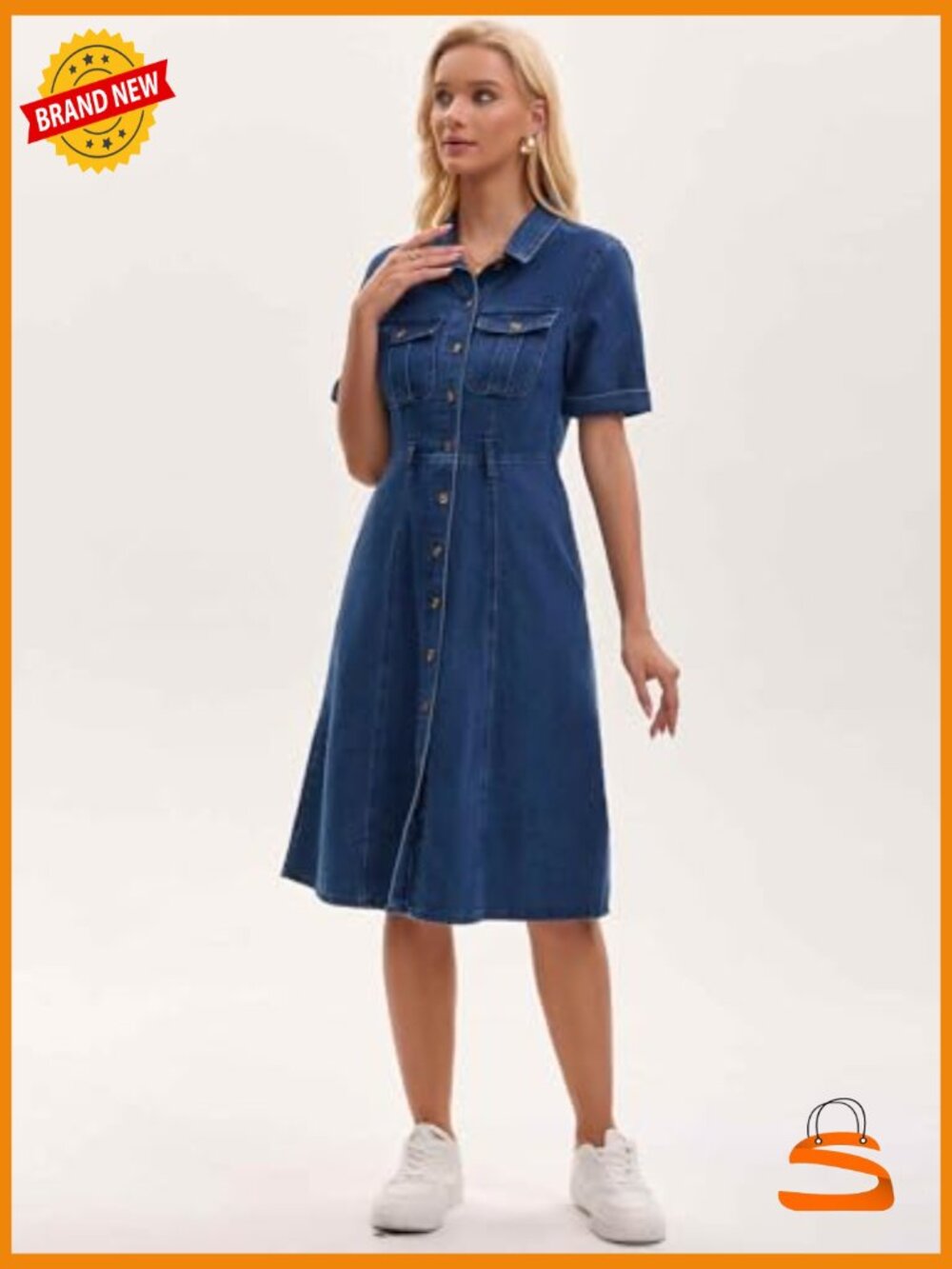 Denim Button Down Dress with Belt and Pockets - Picture 3 of 6